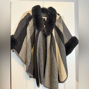 Striped Poncho with Faux Fur Trim